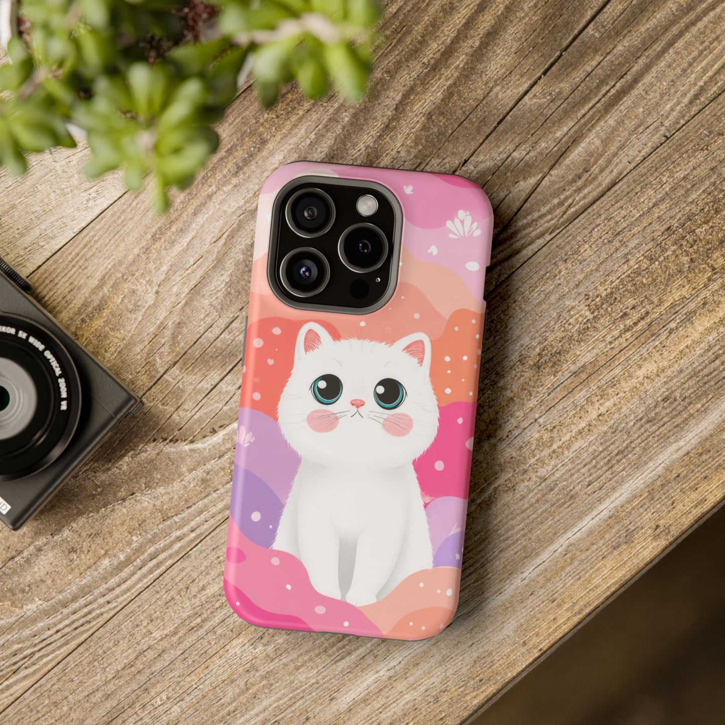 Cute White Cat Magnetic Phone Case — Impact-Resistant Protective Cover