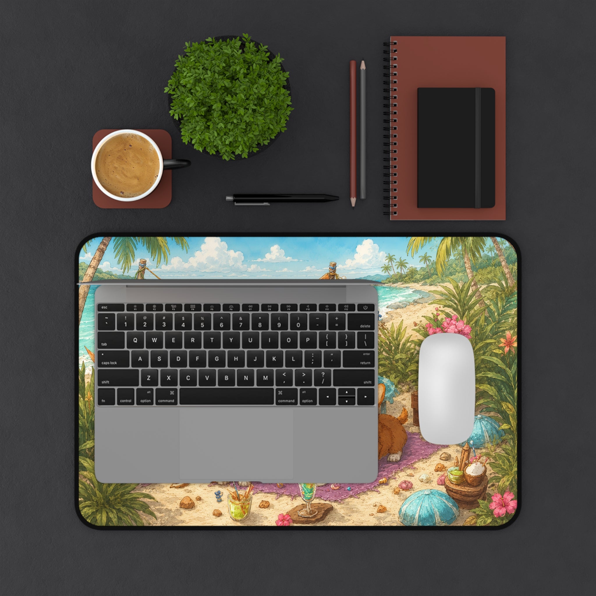 Corgi Beach Party Desk Mat — Tropical Coastal Mousepad with Cute Corgis