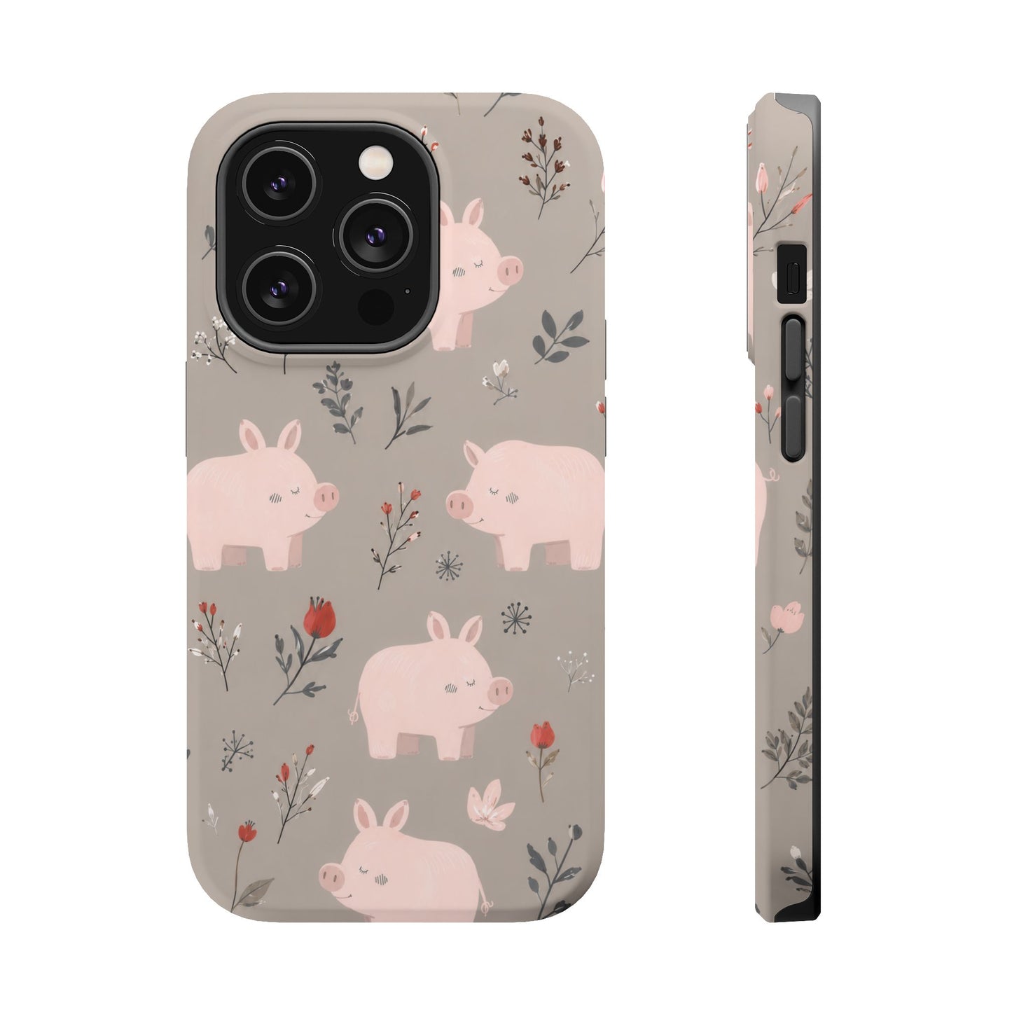 Cute Pink Pig Floral Phone Case — Magnetic Impact-Resistant