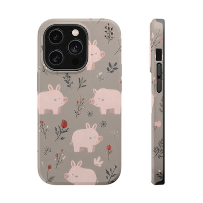 Cute Pink Pig Floral Phone Case — Magnetic Impact-Resistant
