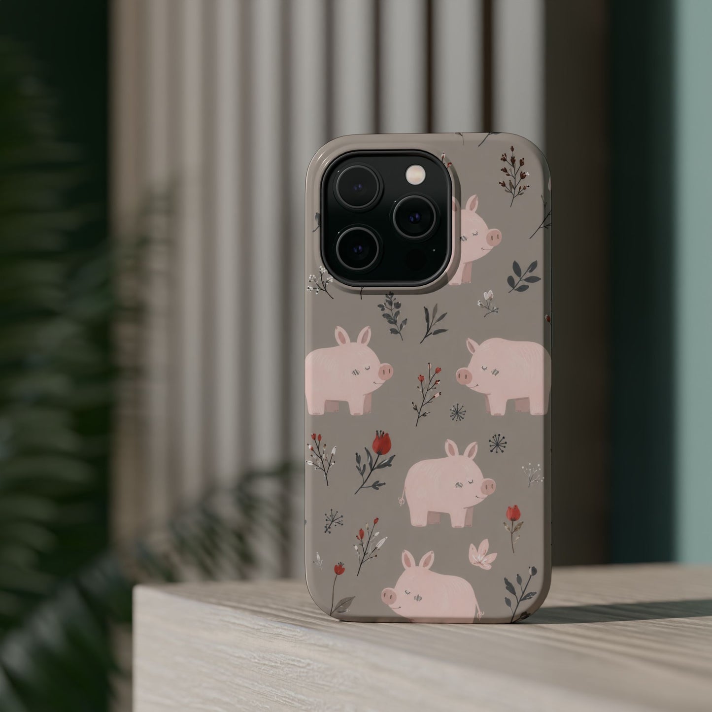 Cute Pink Pig Floral Phone Case — Magnetic Impact-Resistant