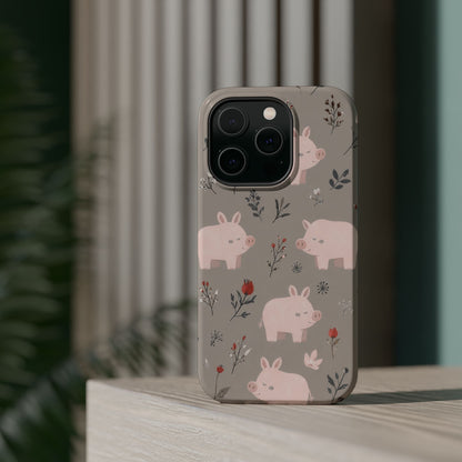 Cute Pink Pig Floral Phone Case — Magnetic Impact-Resistant