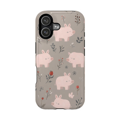 Cute Pink Pig Floral Phone Case — Magnetic Impact-Resistant
