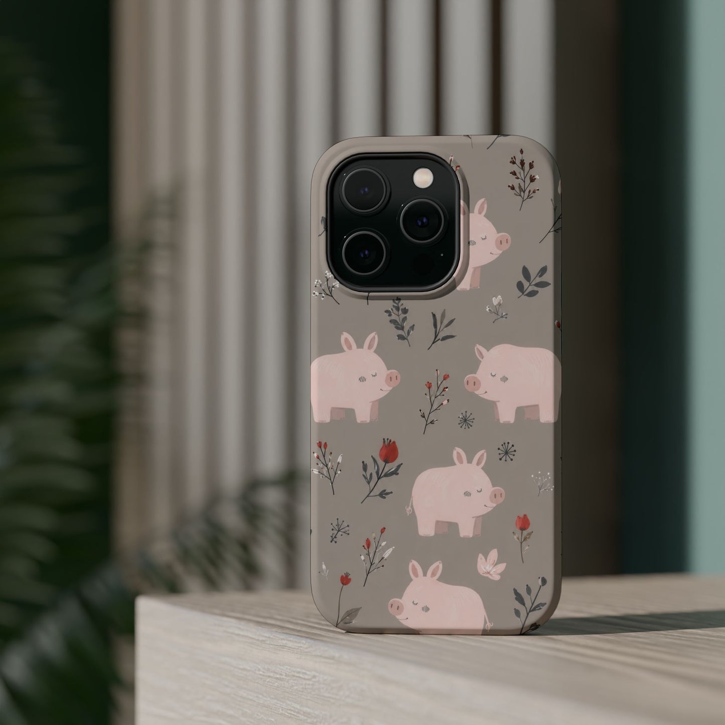 Cute Pink Pig Floral Phone Case — Magnetic Impact-Resistant