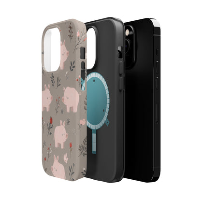 Cute Pink Pig Floral Phone Case — Magnetic Impact-Resistant