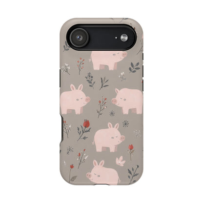 Cute Pink Pig Floral Phone Case — Magnetic Impact-Resistant