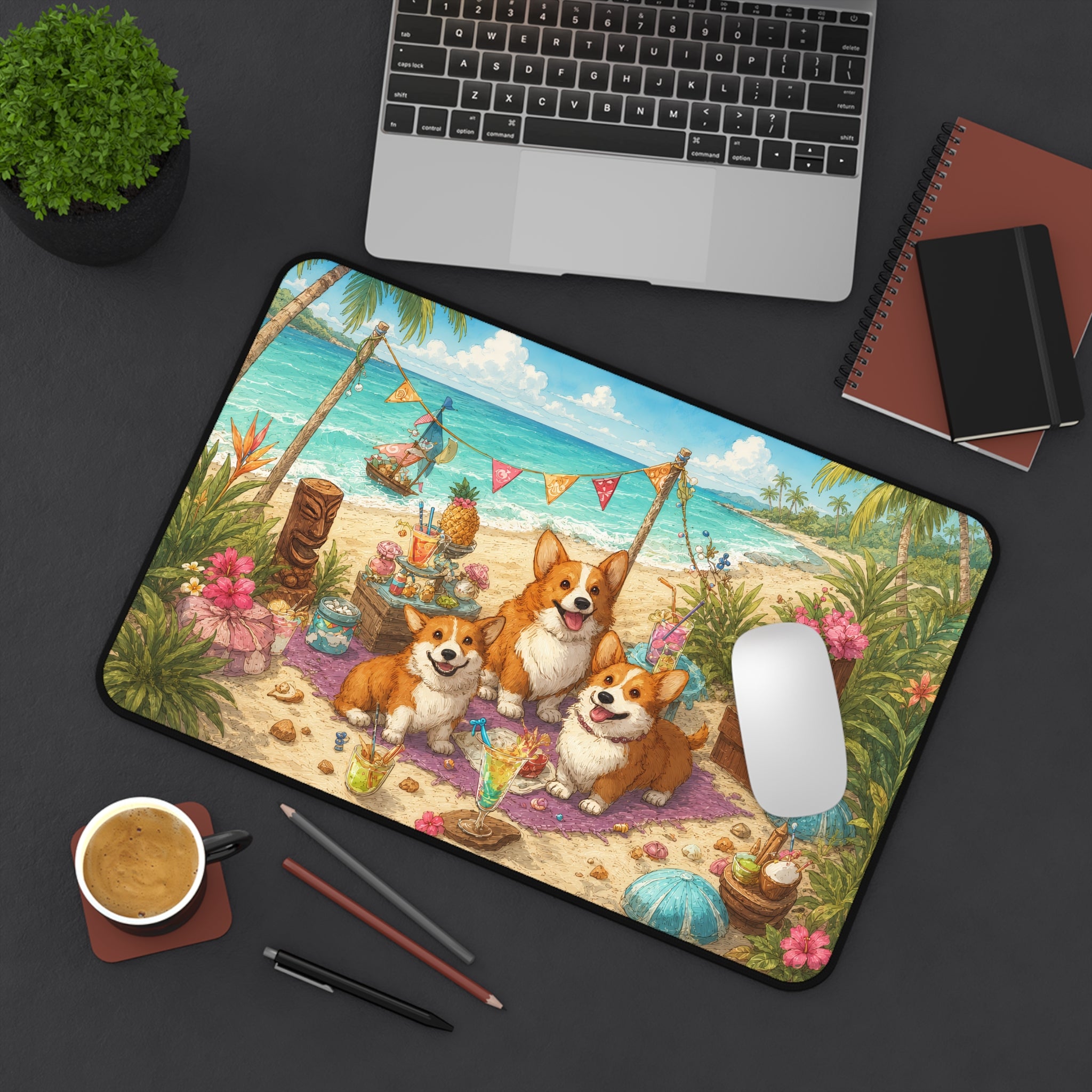 Corgi Beach Party Desk Mat — Tropical Coastal Mousepad with Cute Corgis
