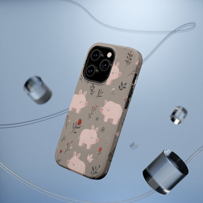 Cute Pink Pig Floral Phone Case — Magnetic Impact-Resistant
