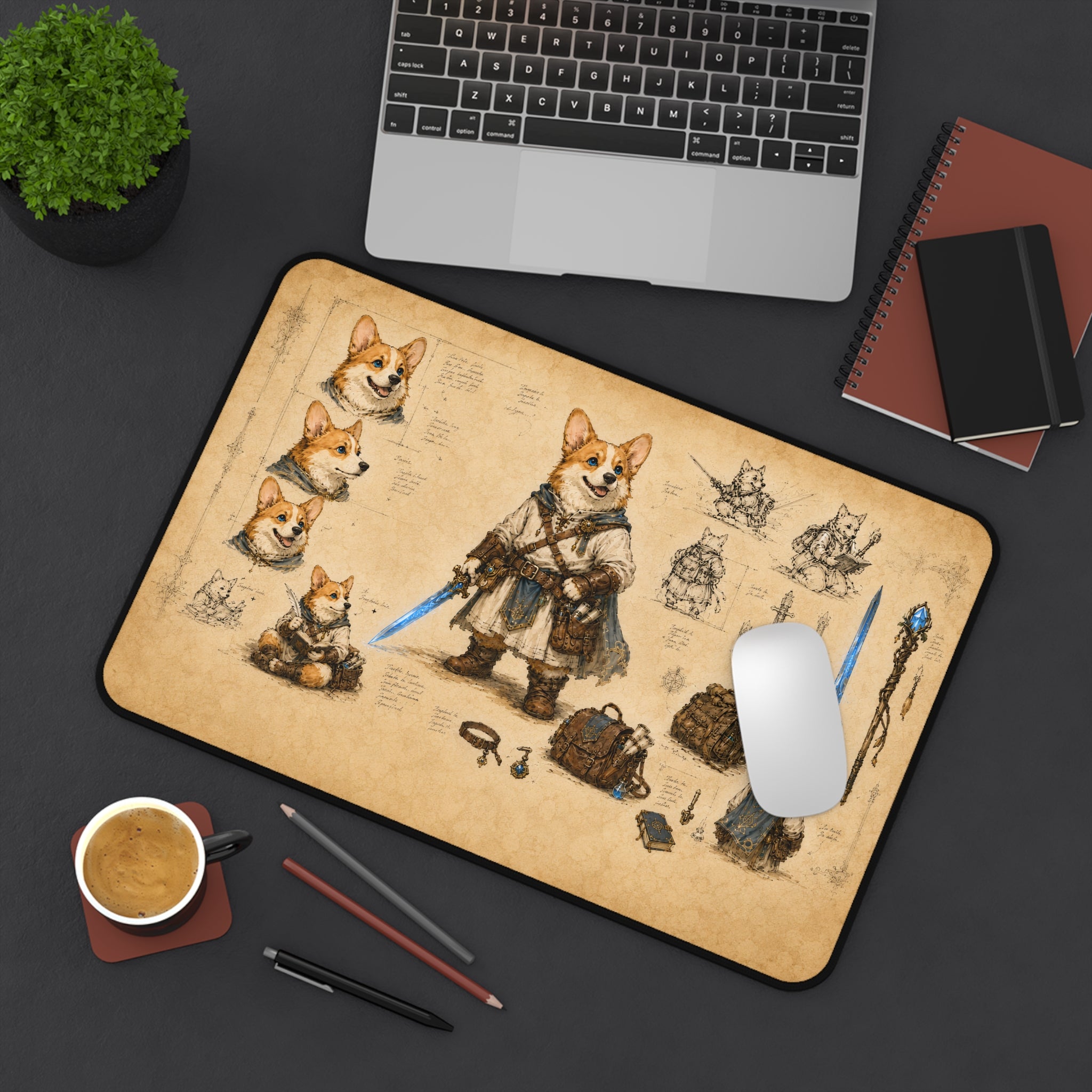 Corgi Knight Character Sheet Desk Mat | Fantasy RPG Mouse Pad