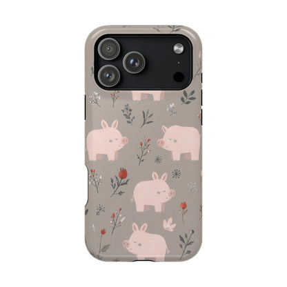 Cute Pink Pig Floral Phone Case — Magnetic Impact-Resistant