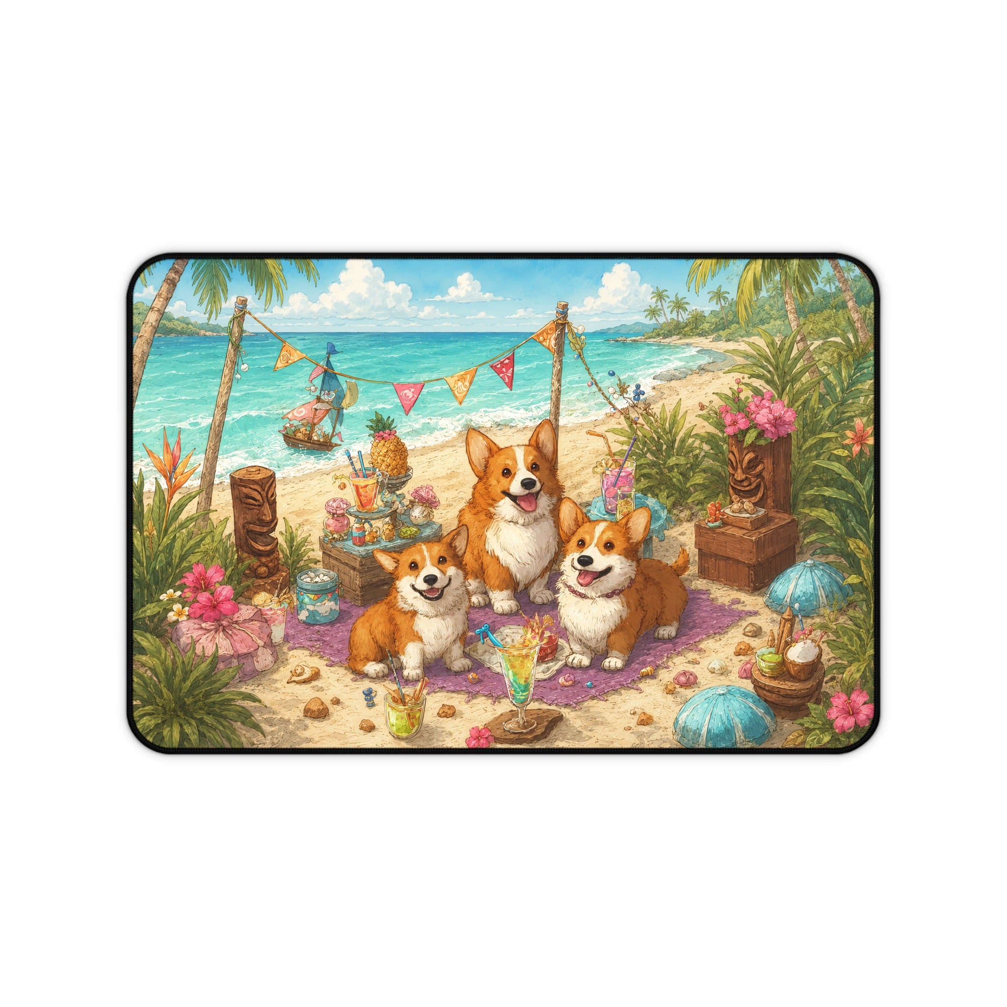 Corgi Beach Party Desk Mat — Tropical Coastal Mousepad with Cute Corgis