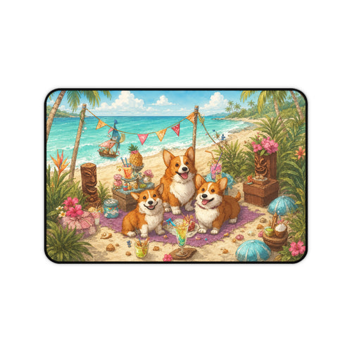 Corgi Beach Party Desk Mat — Tropical Coastal Mousepad with Cute Corgis